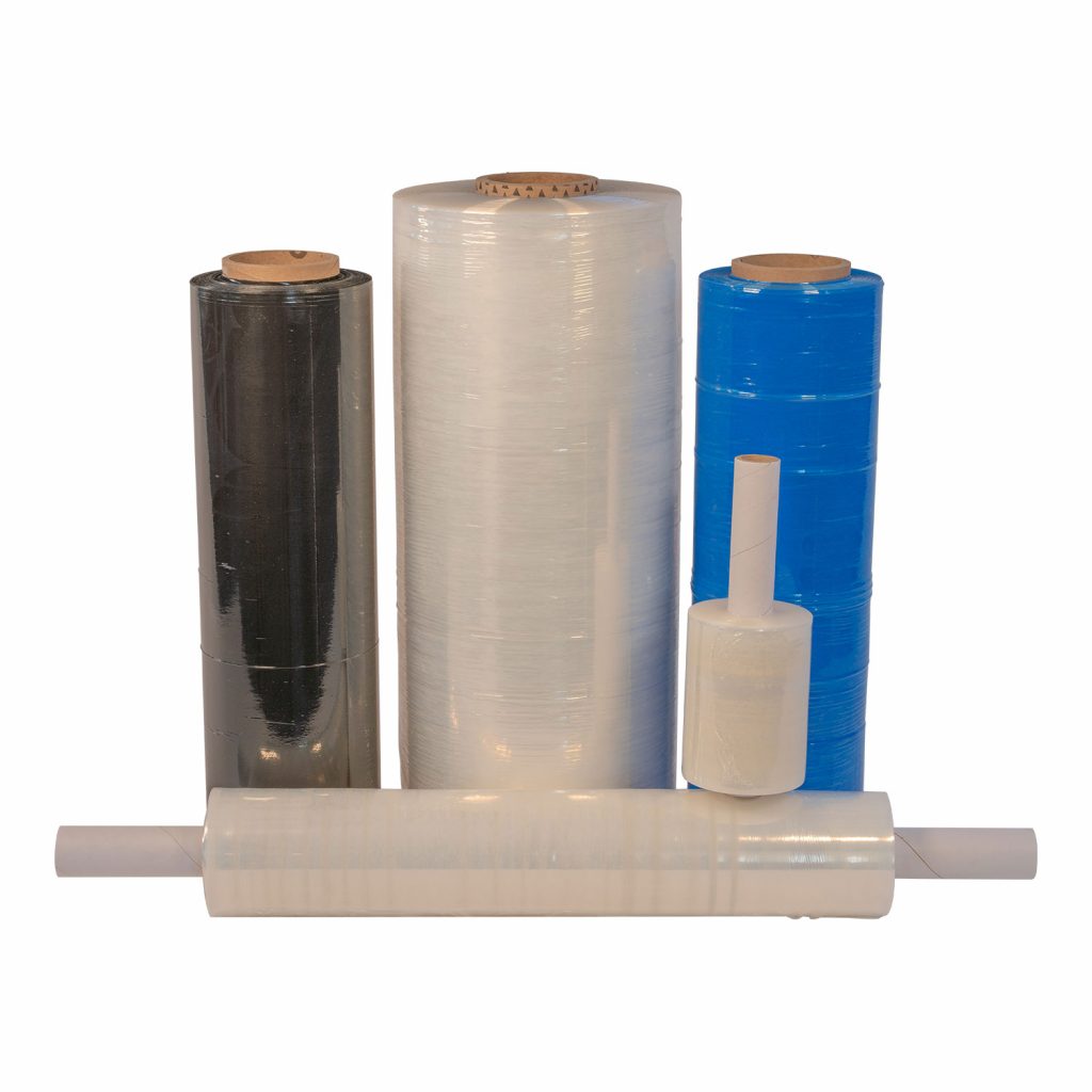 Mini Stretch Film 7 Mini stretch film roll next to black, clear and blue hand rolls and an extended core roll