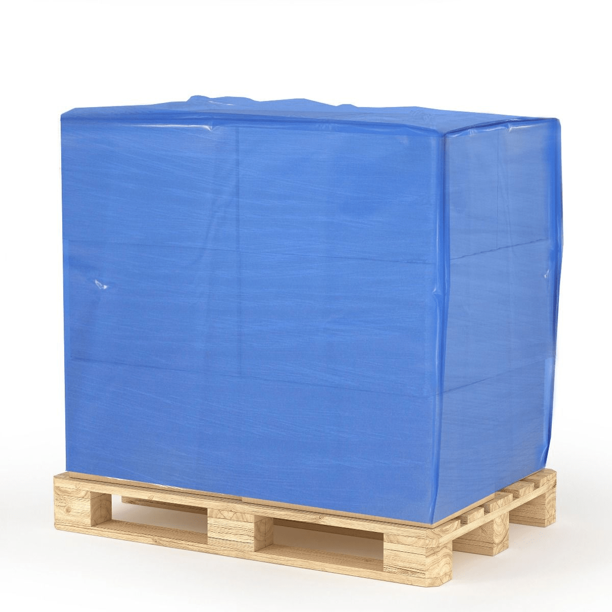 Blue colored plastic pallet cover over a wooden pallet